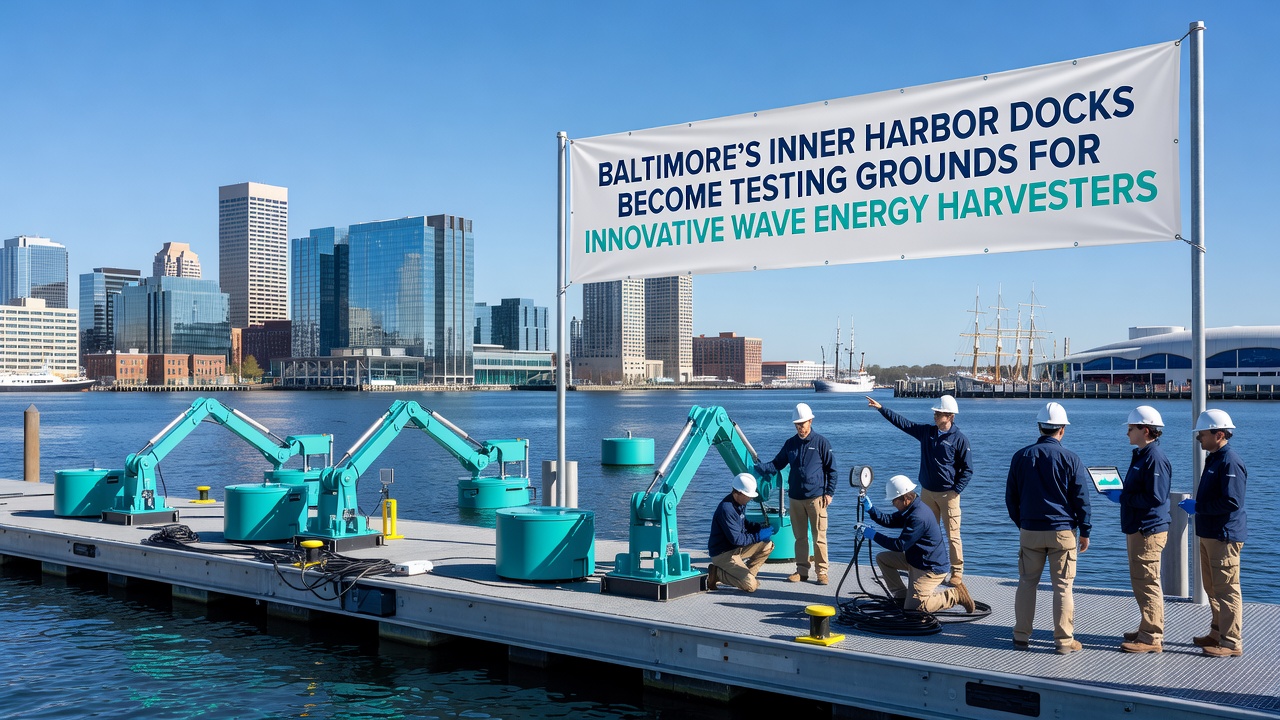 Close-up of wave energy harvester prototype attached to Baltimore dock with sensor arrays and power cabling visible