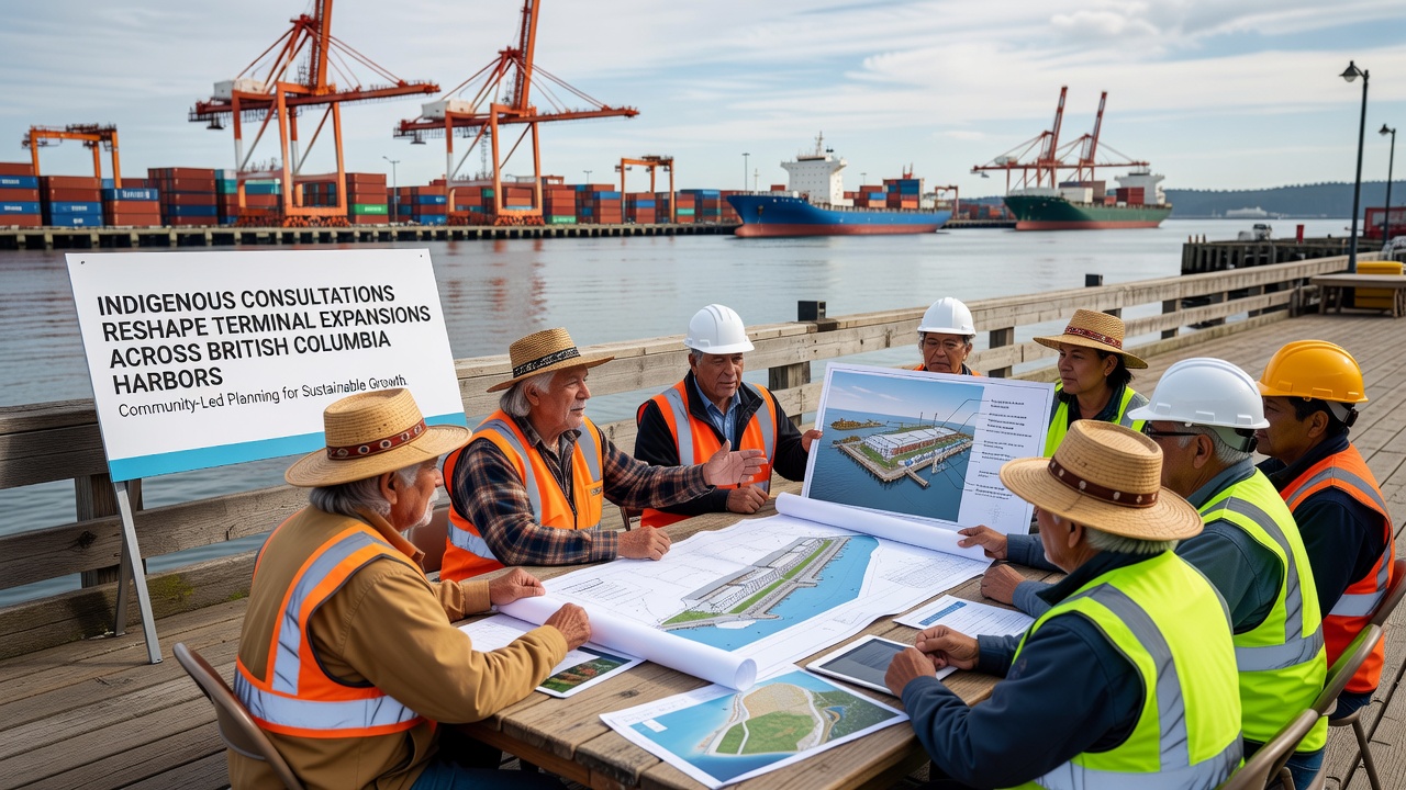 Aerial view of a British Columbia harbor terminal undergoing expansion with visible consultation-driven design changes